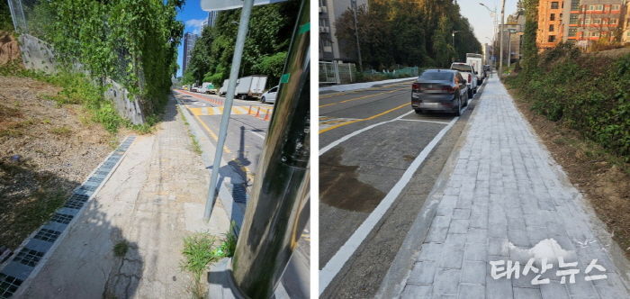 용인특례시 모현읍이 외대로 25번길 보행환경을 개선했다. 사진은 개선전(왼쪽)과 개선후(오른쪽) 모습
