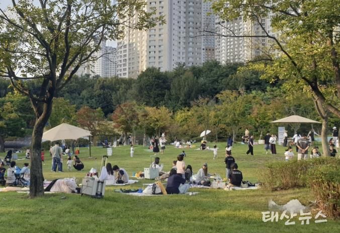 수원 광교호수공원 내 시민들이 피크닉을 즐기고 있다.
